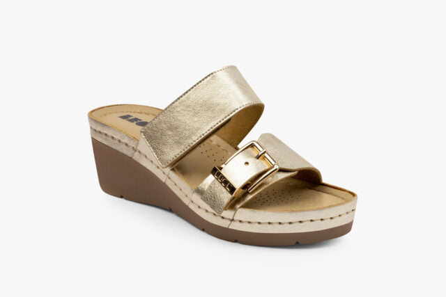Rise dame læder kilesandal - guld