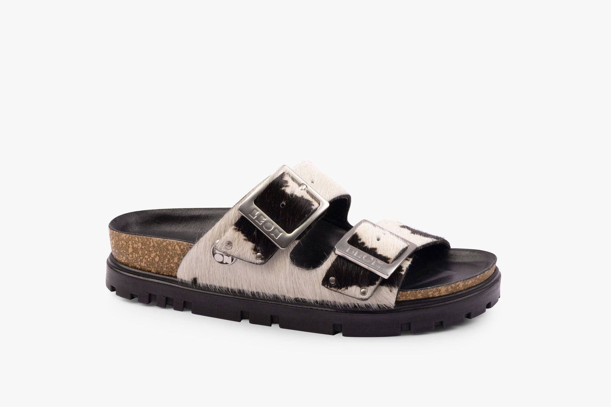 Vein dame læder sandal i pels - sort & hvid