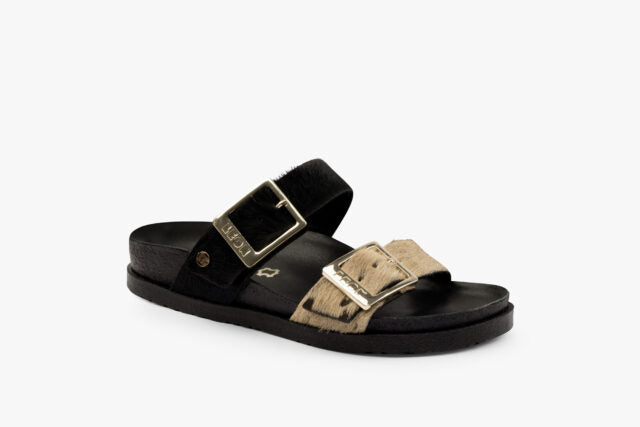 Kiva dame læder sandal i pels - beige & brun