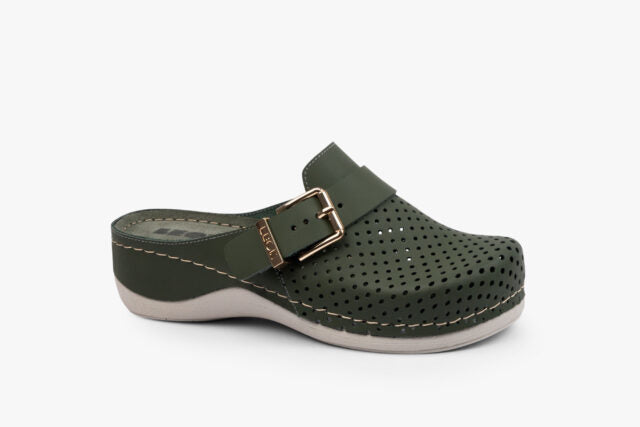 Pure dame læder clogs - olivengrøn
