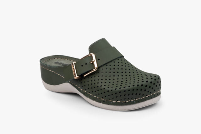 Pure dame læder clogs - olivengrøn