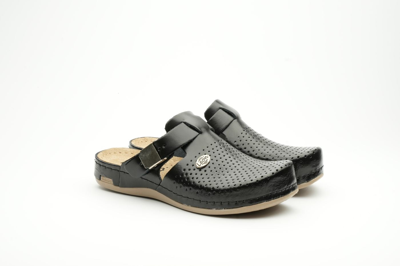 Leona - Dame Læder Clogs med Justerbar Rem - Sort