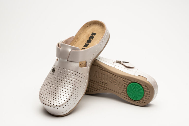 Leona - Dame Læder Clogs med Justerbar Rem - Perlemor