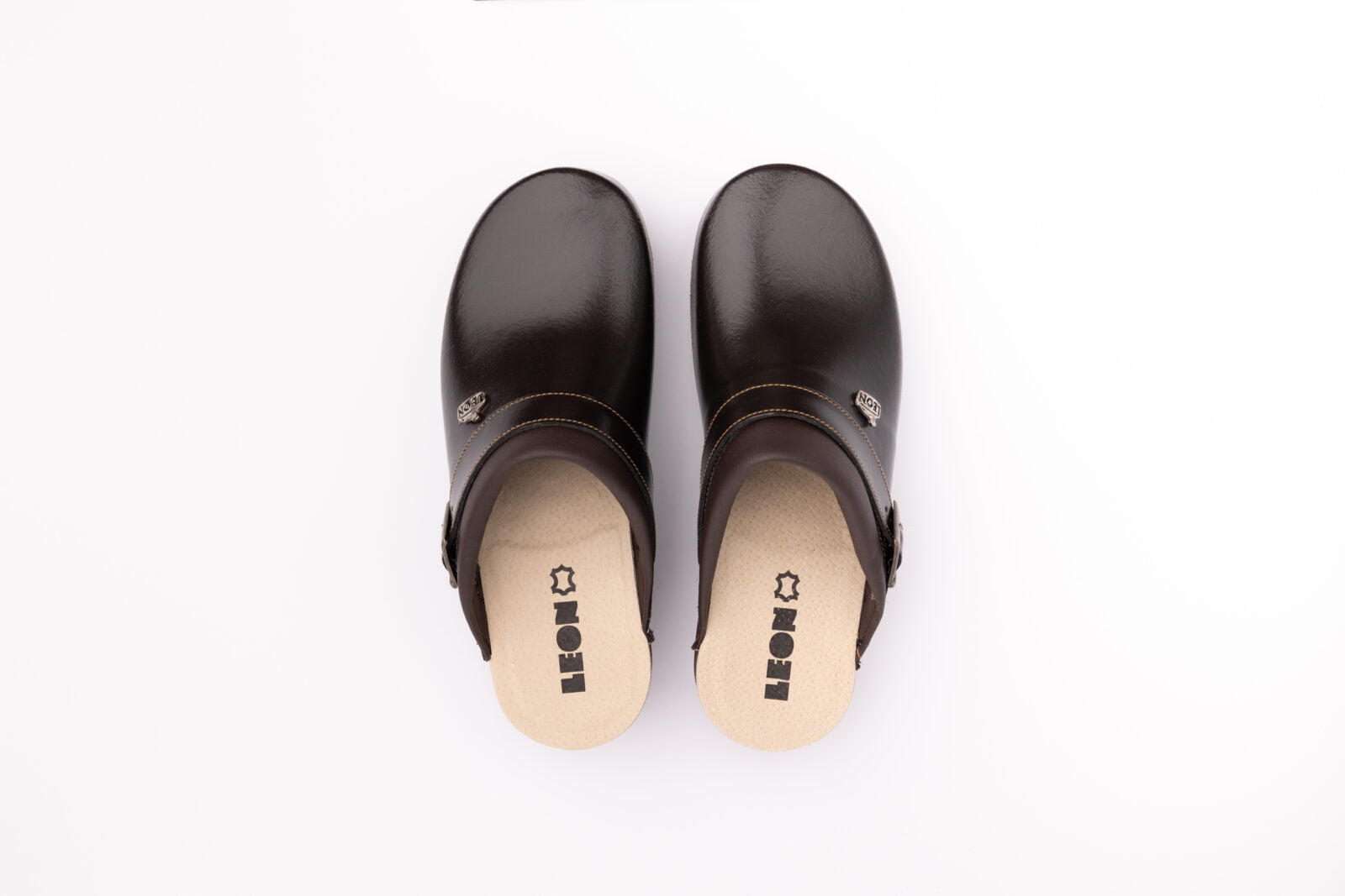 Klassiske dame læder clogs med spænde og let PU-sål - brun
