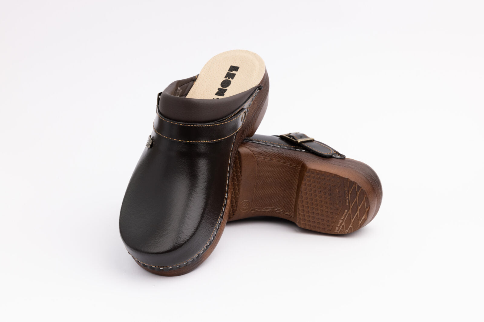 Klassiske dame læder clogs med spænde og let PU-sål - brun