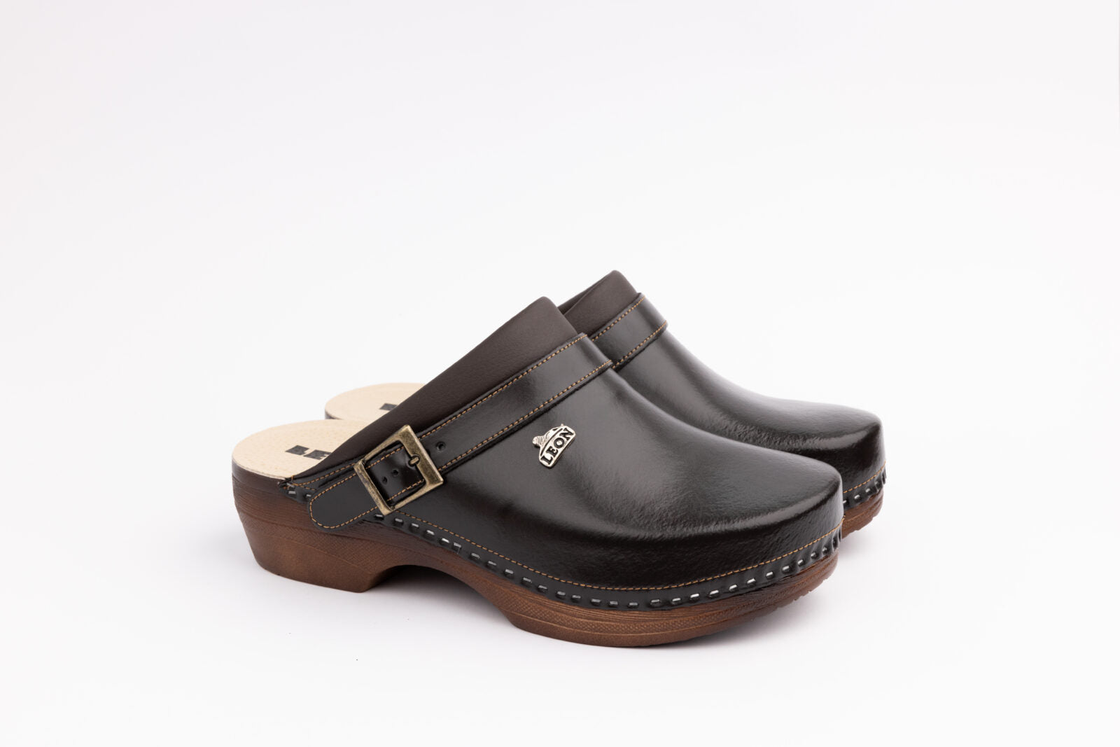 Klassiske dame læder clogs med spænde og let PU-sål - brun