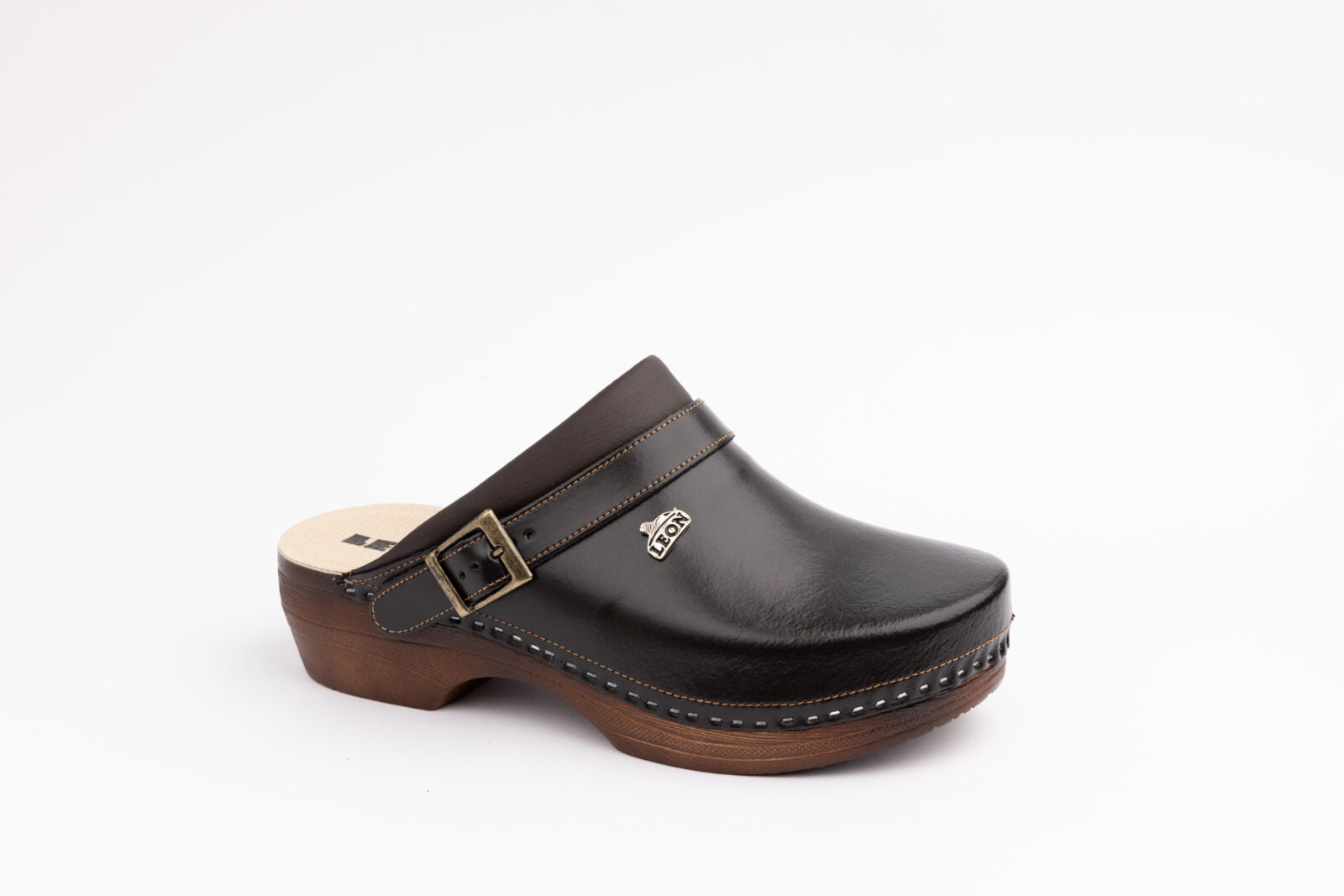Klassiske dame læder clogs med spænde og let PU-sål - brun