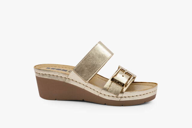 Rise dame læder kilesandal - guld