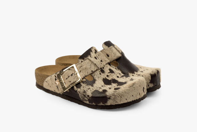 Max dame læder clogs i pels – beige ko
