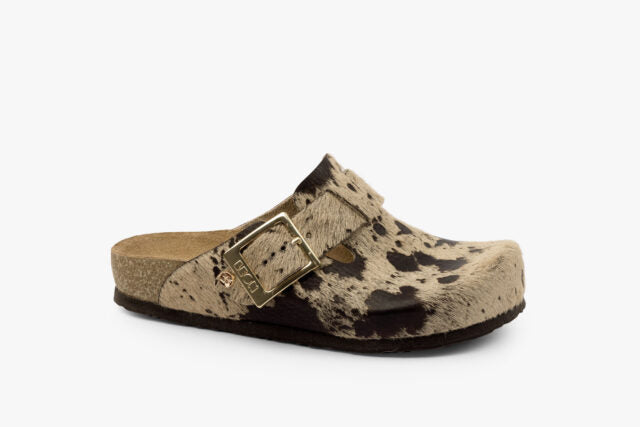 Max dame læder clogs i pels – beige ko
