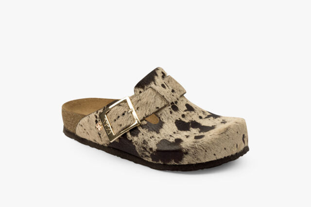 Max dame læder clogs i pels – beige ko