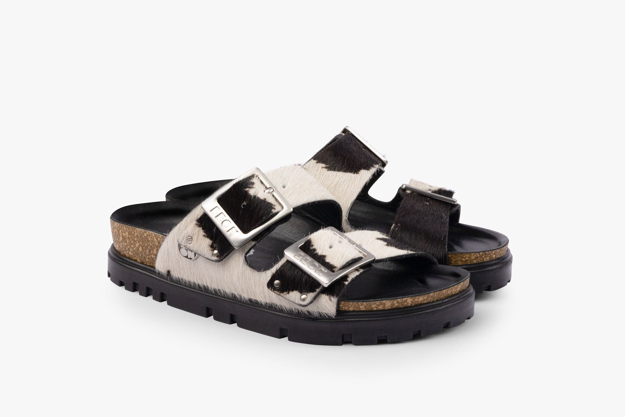Vein dame læder sandal i pels - sort & hvid
