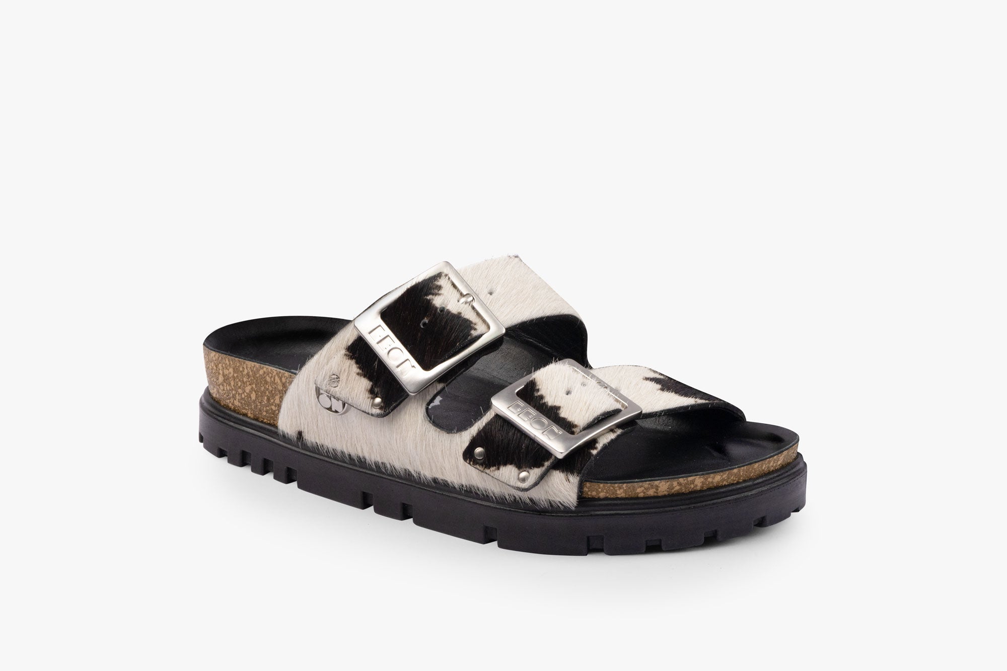 Vein dame læder sandal i pels - sort & hvid
