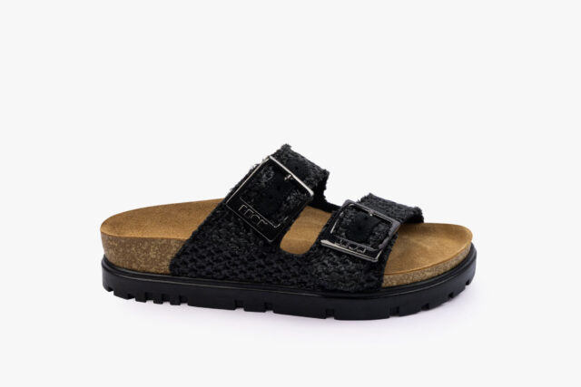 Strate dame sandal i læderflet - sort