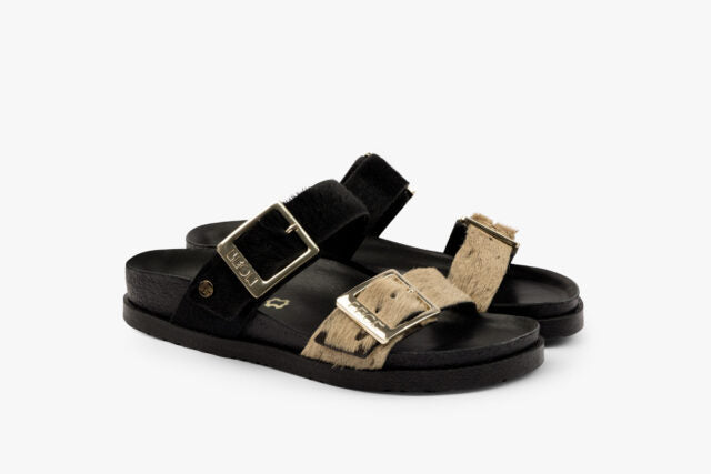 Kiva dame læder sandal i pels - beige & brun