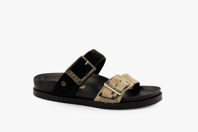 Kiva dame læder sandal i pels - beige & brun