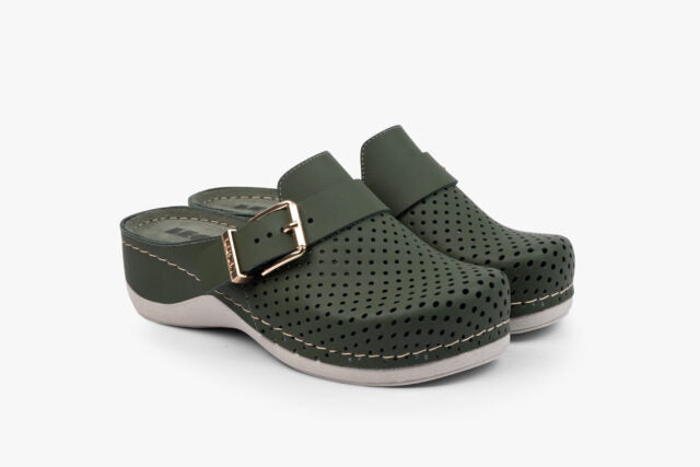 Pure dame læder clogs - olivengrøn