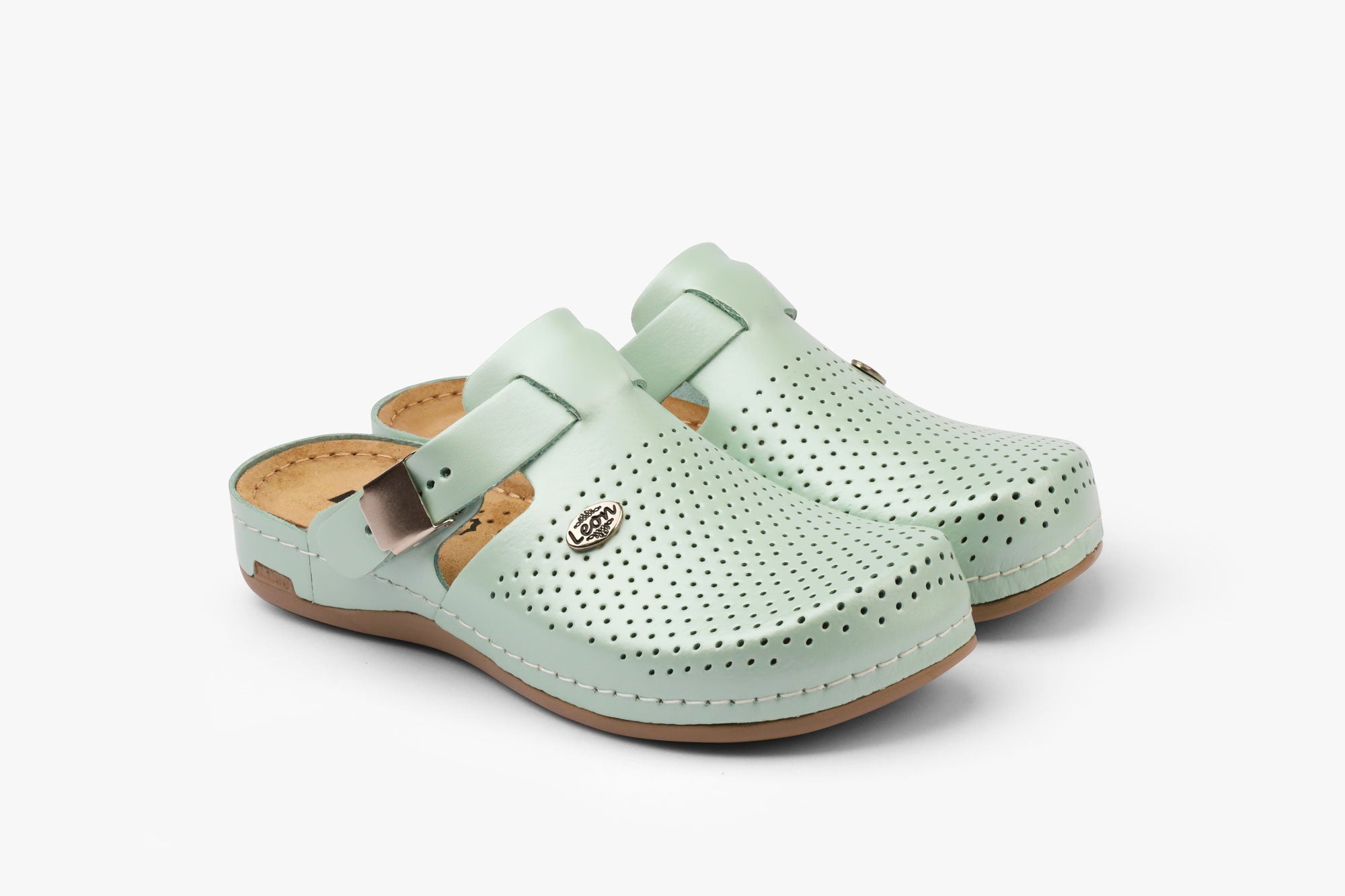Leona - Dame Læder Clogs - Perlemorsgrøn