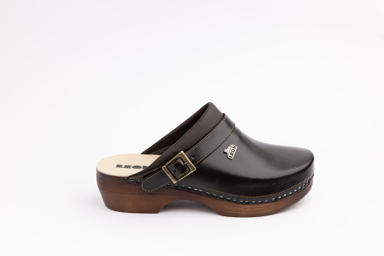 Klassiske dame læder clogs med spænde og let PU-sål - brun
